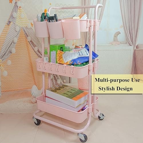 Ceeyali 3-Tier Rolling Utility Cart Storage Organizer Shelf Cart with Lockable Wheels and 3PCS Cups and 8PCS Hooks for Home Kitchen,Bathroom,Office,Laundry Room etc. (3 Cup 8 Hook Pink) - 3 Cup 8 Hook Pink thumbnail 6