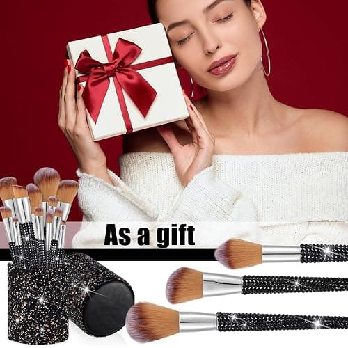 Rtteri 13 Pcs Rhinestone Black Makeup Brushes Set Bling Crystal Professional Face Cosmetics Blending Liquid Foundation Powder Concealer Eye Shadows Make up Beauty Tool Glitter with Holder thumbnail 6