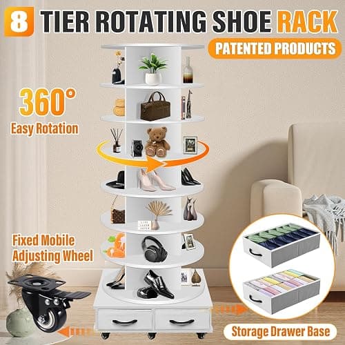 8 Tier Rotating Shoe Rack Tower contains 2 drawers, Spinning Shoe Rack Display Lazy Susan, Revolving 360 Shoe Racks Storage Round Carousel, Equipped with 5 Universal Wheels with Brake Function thumbnail 4
