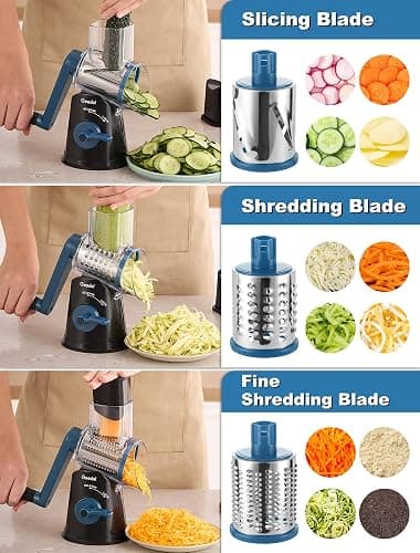 Geedel Rotary Cheese Grater Cheese Shredder - Upgraded 5-in-1 Cheese Grater with Handle and Strong Suction Base, Multi-purpose Vegetable Slicer Ice Shaver Nuts Grinder for Ice, Vegetables, Fruit, Nuts thumbnail 6