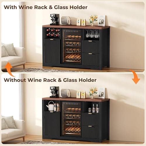 Coffee Bar Cabinet with Mini Fridge Space, 53"Wine Cabinets with Storage | Wood Fluted Liquor Sideboard Cabinet with Storage Drawer, Wine Rack,Glass Holder for Home,20"D x 53"W x 39.4"H-Black thumbnail 8