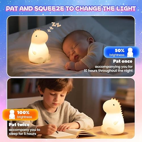 loatme Night Light for Kids, Rechargeable Dimmable Silicone LED Nightlight with 7 Colors, Baby Nursery Night Lamp, Touch Squishy Lamp, Cute Gifts for Girls, Boys, Toddler Room Decor, Dinosaur thumbnail 3