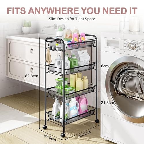 TOOLF 4-Tier Rolling Cart, Metal Utility Cart with 3 Hooks, Easy Assemble Mobile Storage Trolley On Wheels, Metal Shelving Units Kitchen Bathroom Laundry Room thumbnail 3