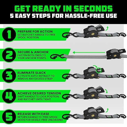 Rhino USA Retractable Ratchet Straps (4-Pack) - 1 Inch x 10 Feet (1,209lb Break Strength) - Auto Self Retracting Tie Down Straps for Truck, Cargo Trailer, Motorcycle, ATV, UTV - Gray thumbnail 6
