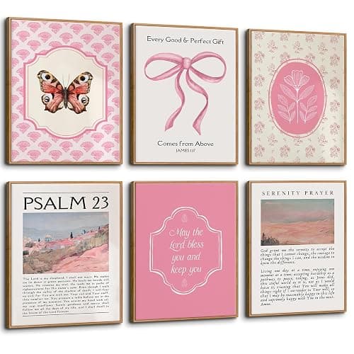 6Pcs Pink Christian Bible Verse Wall Art Floral Scripture Quotes Bow Butterfly Religious Pictures Preppy Aesthetic Prints Trendy Faith Painting for Girls Bedroom Home Decor 12x16 Inch Unframed Posters - Image 1