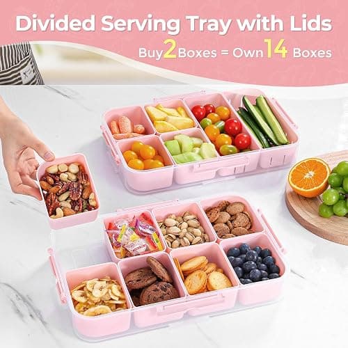 Luxear Divided Snack Box with Compartment, Divided Snack Serving Tray Reusable with Lid Handle, Food Storage Container Organiser for Snackle Box Appetizers Container,Pink thumbnail 4