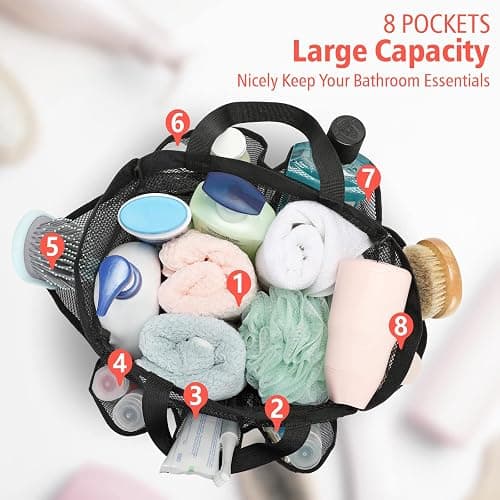 F-color Mesh Shower Caddy Portable for College Dorm Room Essentials with S Hook, 8 Pockets 2 Handles Quick Dry Shower Bag for Camping, Travel, Gym, Bathroom, Hanging Toiletry Organizer, Black thumbnail 8