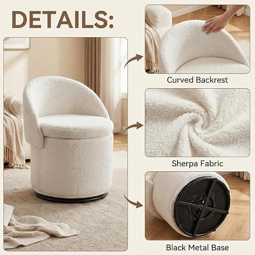 LukeAlon Sherpa Makeup Ottoman with Storage, Upholstered 360° Swivel Vanity Stool with Foldable Backrest Modern Cylindrical Footrest Stool for Living Room Bedroom, White thumbnail 4