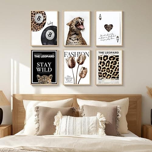 6Pcs Trendy Leopard Wall Art Cheetah Posters Lucky 8 Ball Canvas Pint | Retro Spades Poker Picture Wall Decor Fashion Leopard Flowers Print for Preppy Girls Bedroom Apartment Dorm 8x10in Unframed thumbnail 4
