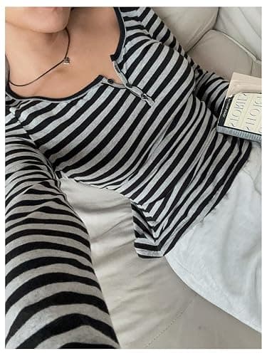 GORGLITTER Women's Striped Henley Shirts Scoop Neck Button Front Long Sleeve Tee Fitted Tops thumbnail 4