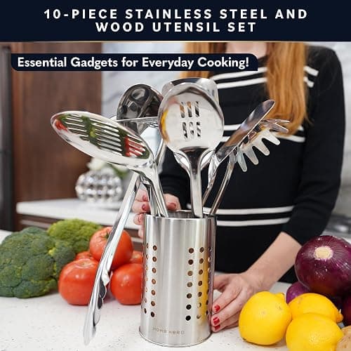 Home Hero Stainless Steel Kitchen Utensils Set - Nonstick Cooking Utensils Set - Heat Resistant Kitchen Essentials & Metal Kitchen Gadgets (10 pcs - Wood and Stainless Steel) | Ergonomic Wood Handle Stainless Steel Kitchen Utensils - Rust-Resistant, Nonstick Safe with Storage Holder (10-Piece) thumbnail 2