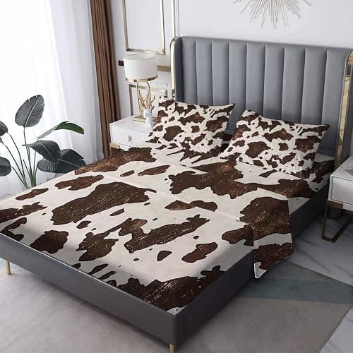 NOGAWA Cow Print Sheets Twin XL Size, Western Rustic Farmhouse Bed Sheets, Animal Print Bedding Sheets & Pillowcases 3 Piece Set - Microfiber Deep Pocket Fitted Sheet & Flat Sheet & Pillow Case - Image 1