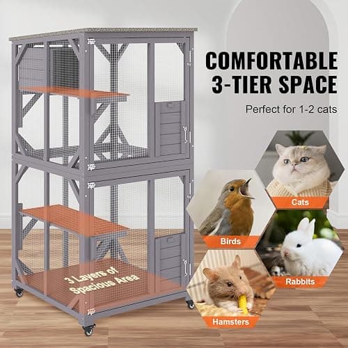 VEVOR 3-Tier Cat Playpen Catio with Wheels, Resting Box, Waterproof Roof, Windows & Doors, Removable Tray thumbnail 2