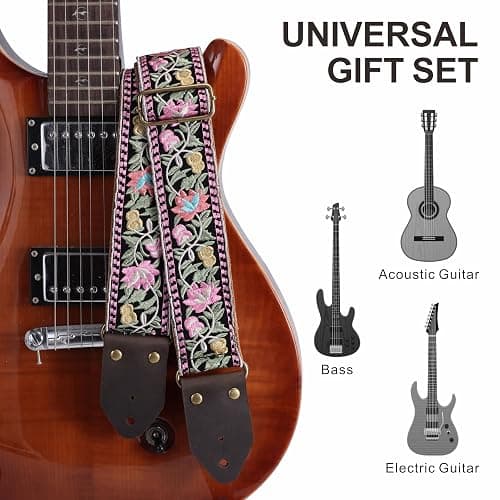 Nefelibata Guitar Strap,Jacquard Embroidery Cotton Guitar Straps with Crazy Horse Leather Ends for Bass, Electric & Acoustic, Best Gifts for Guitarists(Elegant Pink Flower Embroidery) thumbnail 7
