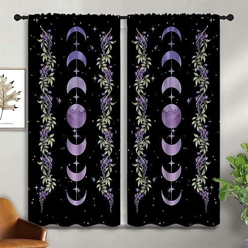 Purple Boho Floral Flower Rod Pocket Blackout Curtains for Boy Girl Bedroom,Moon Phase Moonlit Garden Witchy Gothic Aesthetic Light Filtering Window Drapes for Living Room Home Decor Privacy,42x63in thumbnail 2