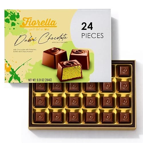 Fiorella Dubai Style Milk Chocolate Pistachio Squares, Filled Chocolate With Pistachio Butter & Crispy Kadayif, Individually Wrapped Chocolate Pieces, 24 Count Box - Image 1