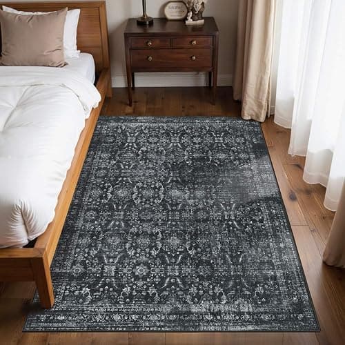 Rugxara 4x6 Rug for Living Room Bedroom, Black Washable Throw Rugs, Vintage Retro Boho Area Rugs, Non Slip & Low Pile Accent Throw Carpet for Indoor Dining Room, Kids Room and Office(Black 4x6ft) thumbnail 2