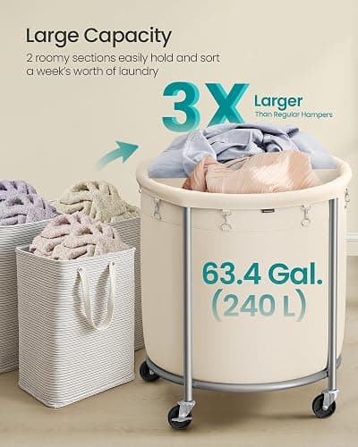 SONGMICS 63.5-Gallon (240 L) Laundry Basket with Wheels, Rolling Round Heavy-Duty Laundry Hamper Cart with Steel Frame and Removable Bag, 2 Locking Wheels, Cream White and Metallic Silver URLS012W01 thumbnail 4