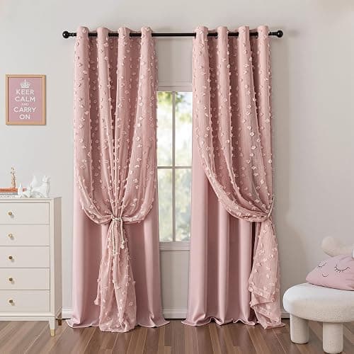 MYSKY HOME Pink Curtains for Girls Bedroom 84 Inches Long Blackout Nursery Curtains Double Layer Pink Pom Pom Sheer Overlay for Kids Toddler Grommet Privacy Room Darkening Window Drapes 52" x 84" thumbnail 9