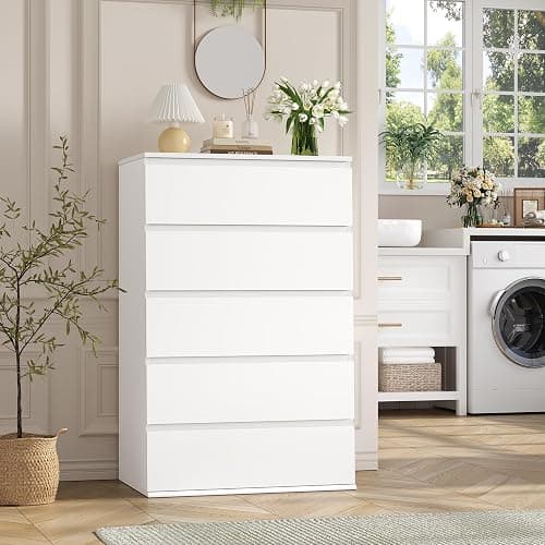 FOTOSOK White Dresser, 5 Drawer Dresser Tall White Dresser with Large Storage Space, Modern Storage Chest of Drawers, 23.6L x 17.6W x 39.1H Inch Storage Organizer Cabinet for Home, White thumbnail 2
