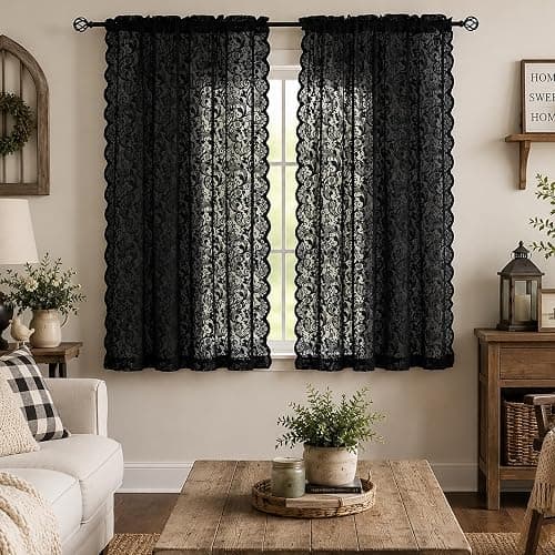 ALIGOGO Black Lace Curtains for Bedroom, Gothic Style, 52W x 63L Inch | Halloween Home Decor, Witchy Moody Curtains, Victorian Vintage Floral Pattern, Light Filtering&Privacy, Rod Pocket, 2 Panels thumbnail 2