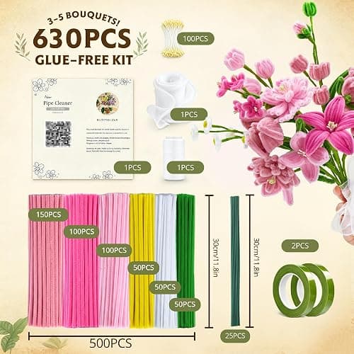 LENYNAL 500 Pcs Pastel Pipe Cleaners Bulk Craft, Pink Pipe Cleaner Flower Kit, Glue-Free & Safe for Kids, Step-by-Step Tutorial, 6 Colors Chenille Stems for Flower Making thumbnail 2