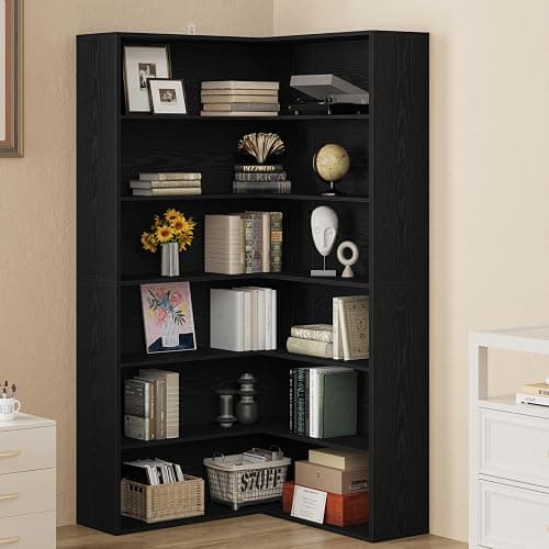 ANCTOR Corner Bookshelf, 6 Tiers Corner Bookcases with Baffles Etagere Shelf Storage Rack for Living Room Home Office, Black thumbnail 7