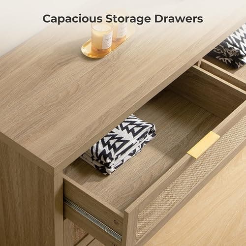SICOTAS Rattan Dresser for Bedroom, 56.9" Wide 6 Drawer Dresser with Ample Storage, Dressers Large Chest of Drawers, Closet, Boho TV Stand for Bedroom (Reclaimed Light Oak, 1 Piece) thumbnail 7