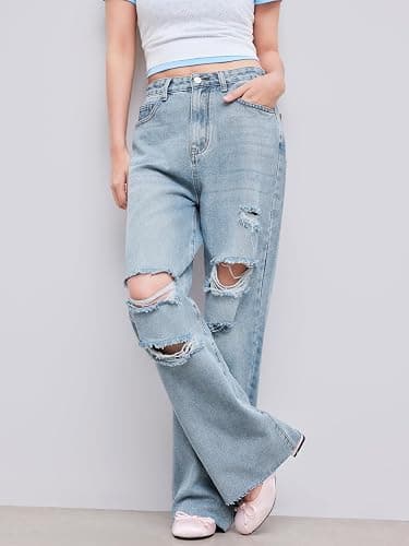 CIDER Women’s Ripped Jeans High Waisted Distressed Baggy Straight Wide Leg Pants thumbnail 3
