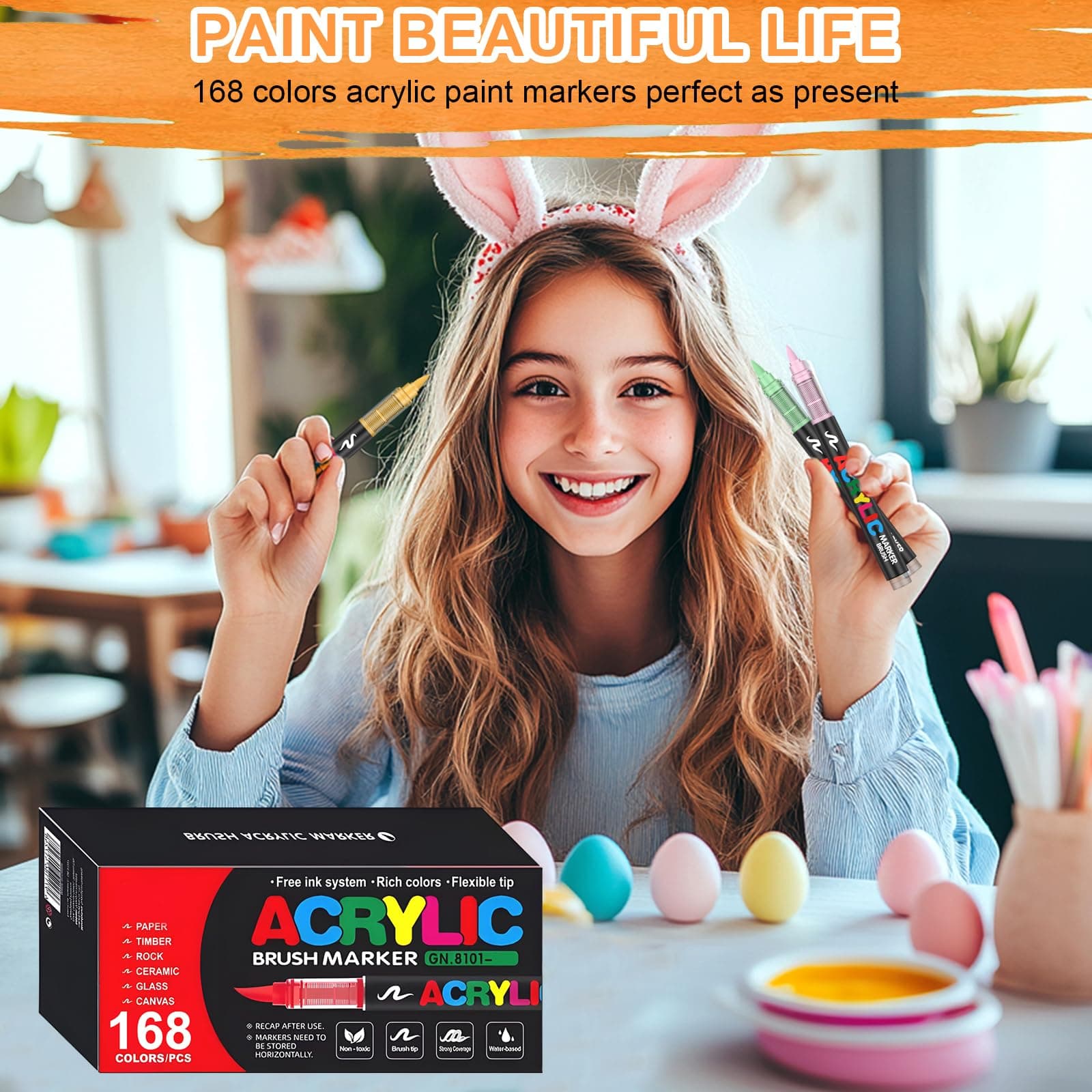 Marcadores Acrílicos 168 Colores Punta Brush – Tinta Acrílica Líquida de 2.4 ml, Caja de 7 Niveles, Ideal para Arte en Roca, Madera, Vidrio, Tela y Más – Rotuladores Acrílicos de Pintura thumbnail 9