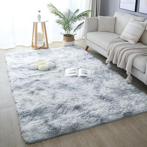 KICHOWUA 4x6 Light Grey Fluffy Shag Area Rug for Bedroom, Ultra Soft Fuzzy Plush Washable Carpet for Living Room, Modern Cozy Non Skid Furry Shaggy Rug for Kids Baby Boys Nursery Dorm,Tie-Dye Gray thumbnail 8