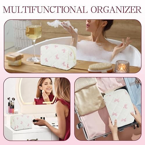 AMZMA Quilted Makeup Pouch,Cotton Puffy Makeup Bag, Coquette Cosmetic Bag for Women and Girls, Aesthetic Organizer Bag, Cute Flower Travel Toiletry Bag thumbnail 6