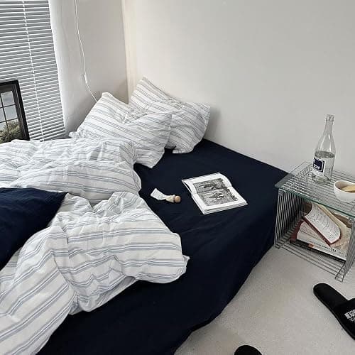 mixinni Vintage Light Blue & White Striped Comforter Set Twin XL Size - Soft Washed Cotton 3-Piece Bedding Set (1 Comforter + 2 Pillowcases), Retro Geometric Pattern, All-Season Breathable & Fluffy thumbnail 4
