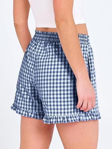 ANRABESS Boxer Shorts for Women,Gingham Plaid Elastic Waist Ruffle,Perfect for Lounge,Pajama&Sleep,Cute Casual Summer Bottoms thumbnail 4