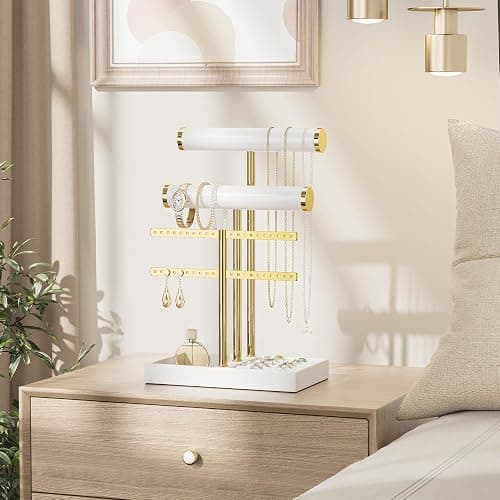 bussdis 3 Tier Bracelet Holder Display - White Leather Bracelet Holder, Detachable T Bar Jewelry Holder Organizer for Bracelet, Necklace, Earrings, Rings, Watches, Bangle thumbnail 2