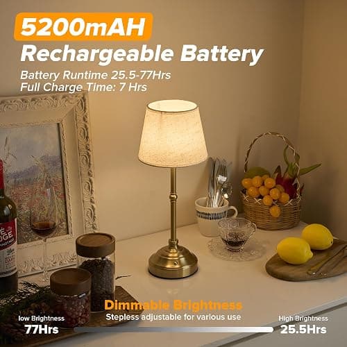 keysays 2 Pack Cordless Table Lamp, Rechargeable Desk Lamp with Fabric Shade, Battery Operated 3 Color Stepless Dimming, Small Touch Bedside Lamp Home Decor for Dining, Counter(Brushed Gold) thumbnail 5