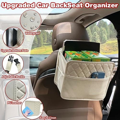 Witaxima Upgrade Car Seat Organizer Backseat with Storage Pockets, Multipurpose Car Organizer Hanging, Car Trash Bag Can,Premium PU Leather Garbage Can 2.14 Gallon Large Capacity Accessories Beige thumbnail 3