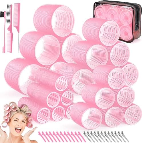 Obeoby 4 Sizes Hair Rollers for Women, Hair Curlers with Clips Comb Curlers for Long Short Curly Hair and Bangs (25, 36, 48, 60mm), Pink Gifts - Image 1