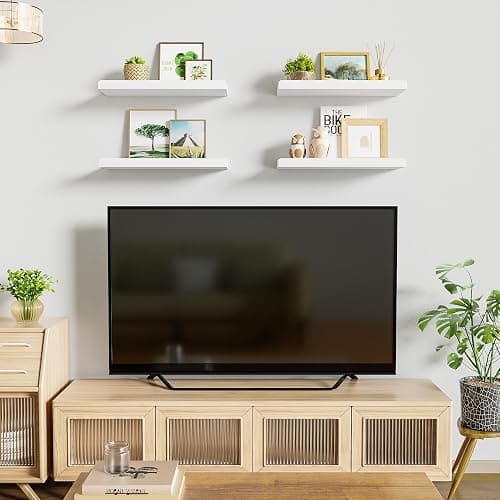 Love-KANKEI White Floating Shelves for Wall Set of 4, Wood Wall Shelves with Lip,15.6 Inch Rustic Hanging Shelves for Bedroom Bathroom Living Room Kitchen Nursery Display thumbnail 4