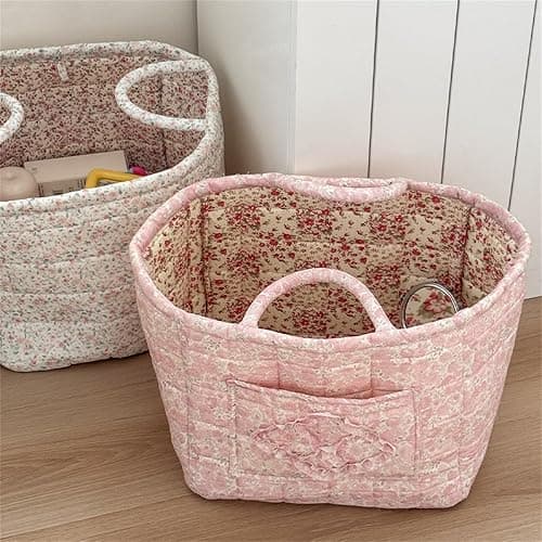 Boho Fabric Storage Basket Quilted Floral Print Baskets Organizer Bin with Handles for Home, Picnic, Shopping (Pink, L) thumbnail 5