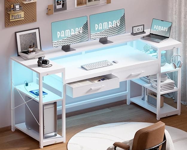 Pamray 58 Inch Gaming Computer Desk with Monitor Stand Drawers and Shelves | Ample Storage， Large Table with LED Lights & Power Outlets & USB Ports, Sturdy, Suitable for Gaming Home Office Work Study - Image 1