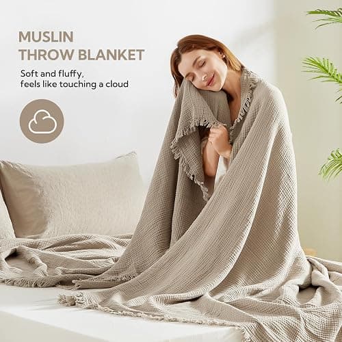 SOULFUL Muslin Throw Blanket with Tassels - Soft King Size Cotton Throw Blanket for Couch or Bed, Lightweight and Breathable Gauze for All Seasons, Light Tan, 108" x 90" thumbnail 4