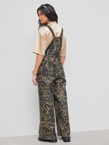 CIDER Overalls for Women Denim Leopard Pocket Buckle Up Wide Leg Jumpsuit thumbnail 5