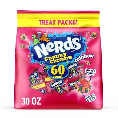 NERDS Gummy Clusters, Candy Treat Packs, Rainbow, Crunchy and Gummy, 30 oz (60 ct) - Rainbow - 0.5oz (Pack of 60)