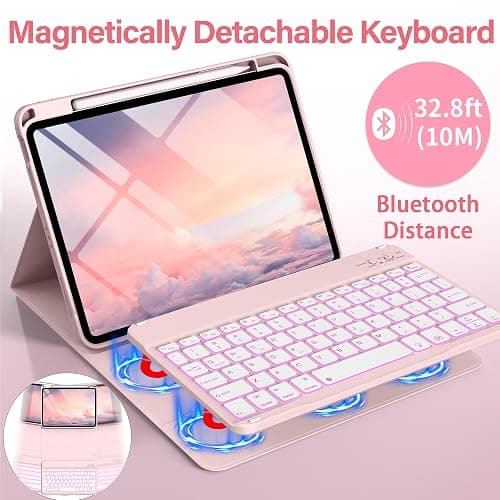 BQDIYOO Case for iPad 11th/10th Generation with Keyboard, 11-inch A16 & 10.9 inch 7 Colors Backlit Wireless Bluetooth Keyboard Case with Pencil Holder, Cover for iPad 11/10 Gen 2025/2022, Pink thumbnail 4