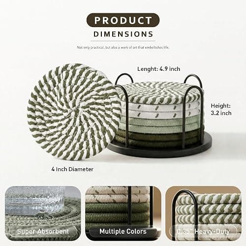 Lazebox Coasters Set of 8 for Drinks, 4 Inch Large Coasters for Coffee Table, Tabletop Protection for Hot & Cold Drinks, Versatile Coasters for Home Decor, Non-Slip & Easy to Clean, Olive Green thumbnail 4