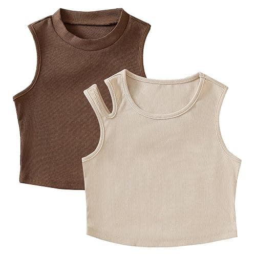 ROMPERINBOX Girls Tank Top 2 Pack Cotton Ribbed Tween Sleeveless Crop Tops for 8-12 Years, Crew Neck Summer Basic Tops - Image 1