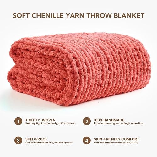 L'AGRATY Chunky Knit Blanket Throw: 50''x60'' Chenille Chunky Knitted Throw Blankets for Bed Couch - Handmade Thick Cable Knit Blanket - Large Crochet Rope Blankets for Home Decor(Coral Pink) thumbnail 2