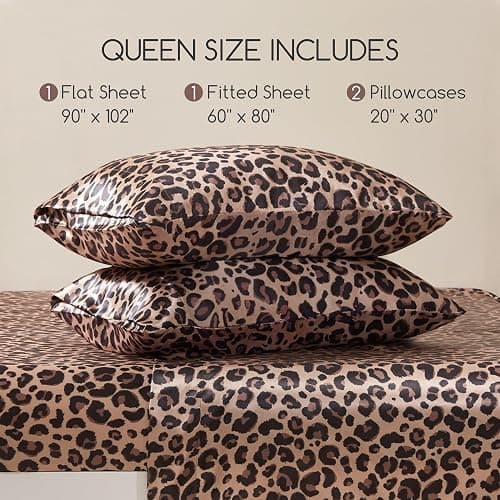 MR&HM Satin Bed Sheets with Elastic Corner Straps, Queen Size Sheets Set, 4 Pcs Silky Bedding Set with 15 Inches Deep Pocket for Mattress (Queen, Brown Leopard) thumbnail 7
