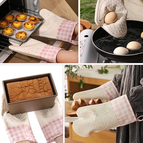 Wanheart Heat Resistant Silicone Oven Mitts, Pink Cooking Gloves, 2 Pack | Heat Resistant, Non Slip Grip, Cute Pink Design, Easy Clean, Cotton Lined thumbnail 7